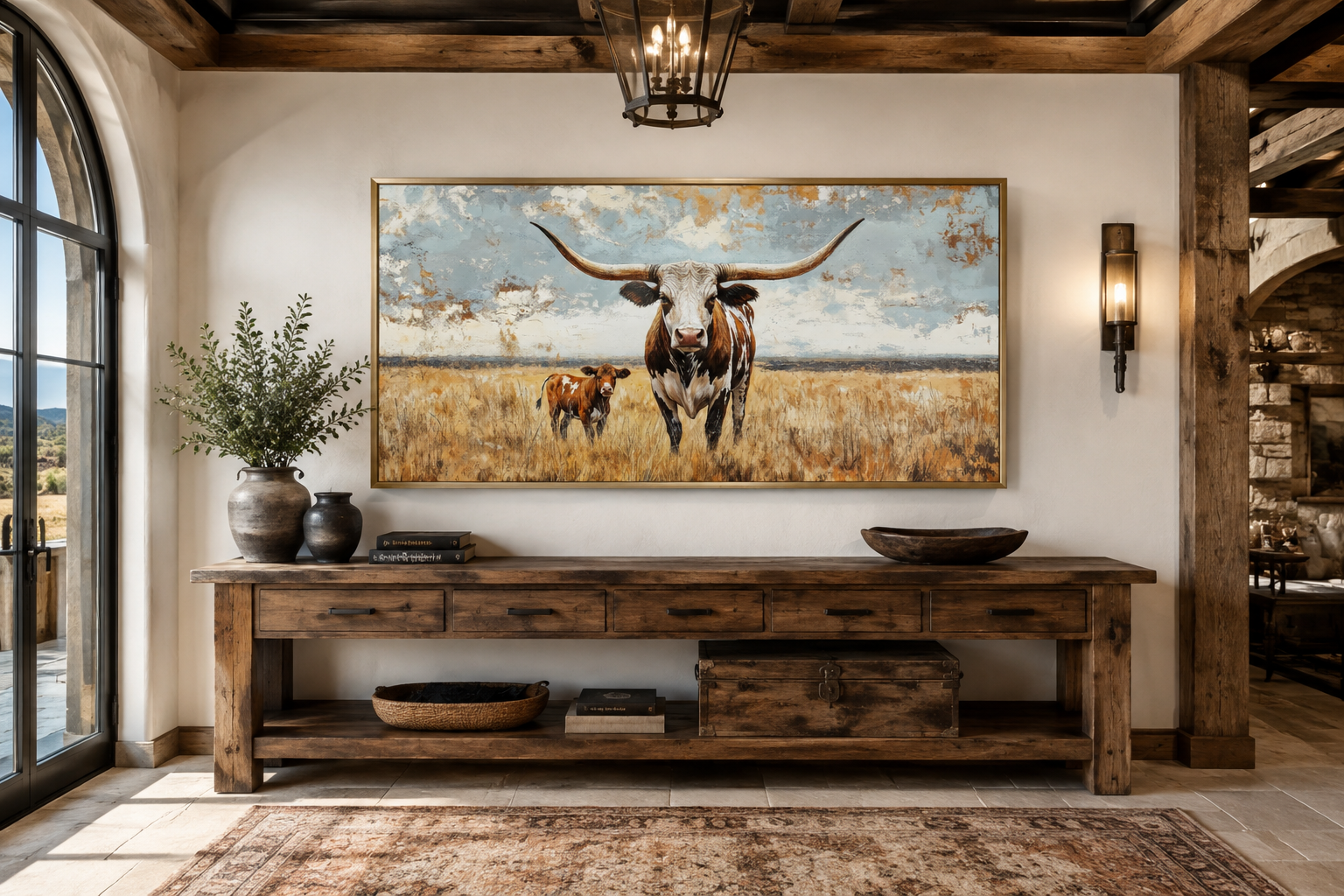 Texas Longhorn Cow With Calf In The Field Framed Canvas Wall Art