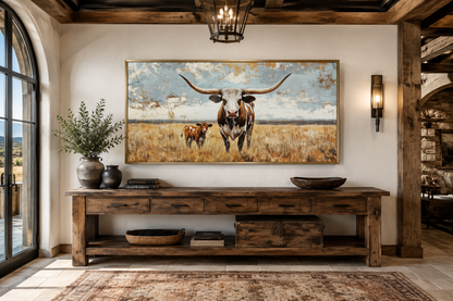 Texas Longhorn Cow With Calf In The Field Framed Canvas Wall Art