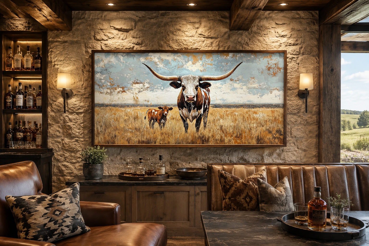 Texas Longhorn Cow With Calf In The Field Framed Canvas Wall Art