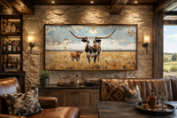 Texas Longhorn Cow With Calf In The Field Framed Canvas Wall Art