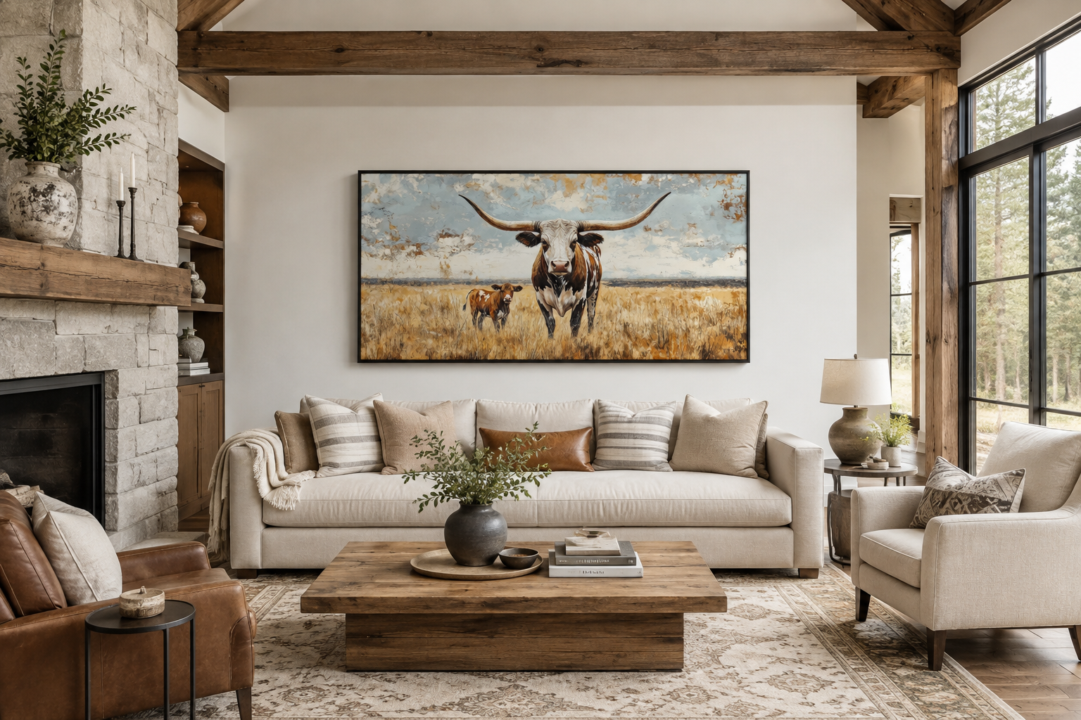Texas Longhorn Cow With Calf In The Field Framed Canvas Wall Art