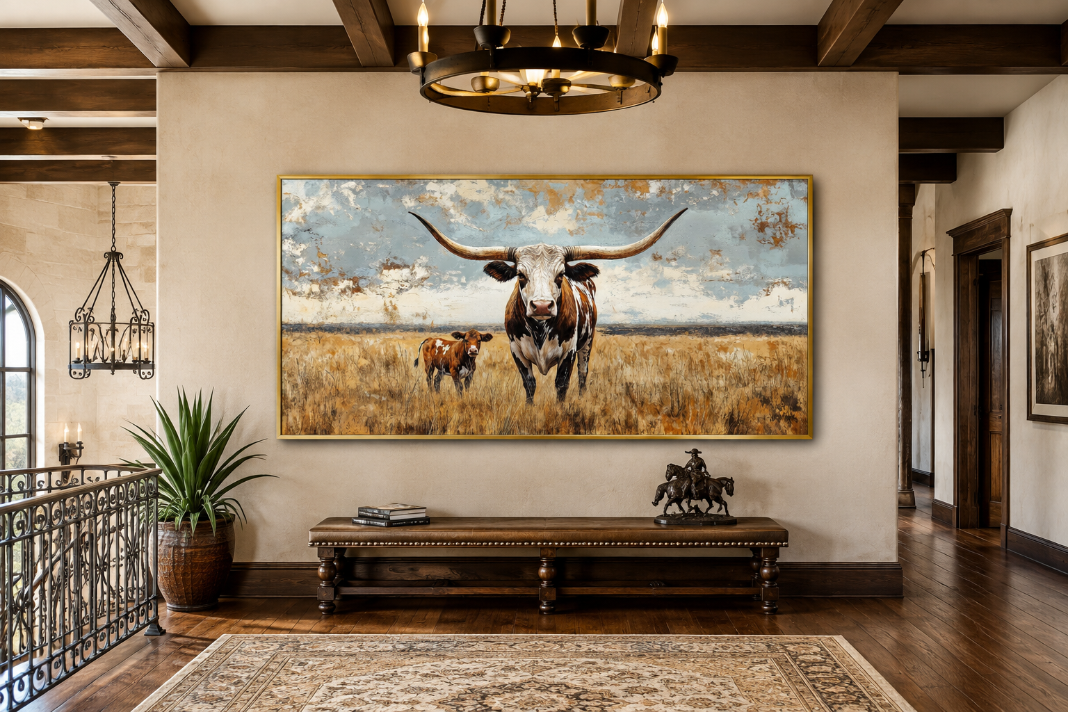 Texas Longhorn Cow With Calf In The Field Framed Canvas Wall Art