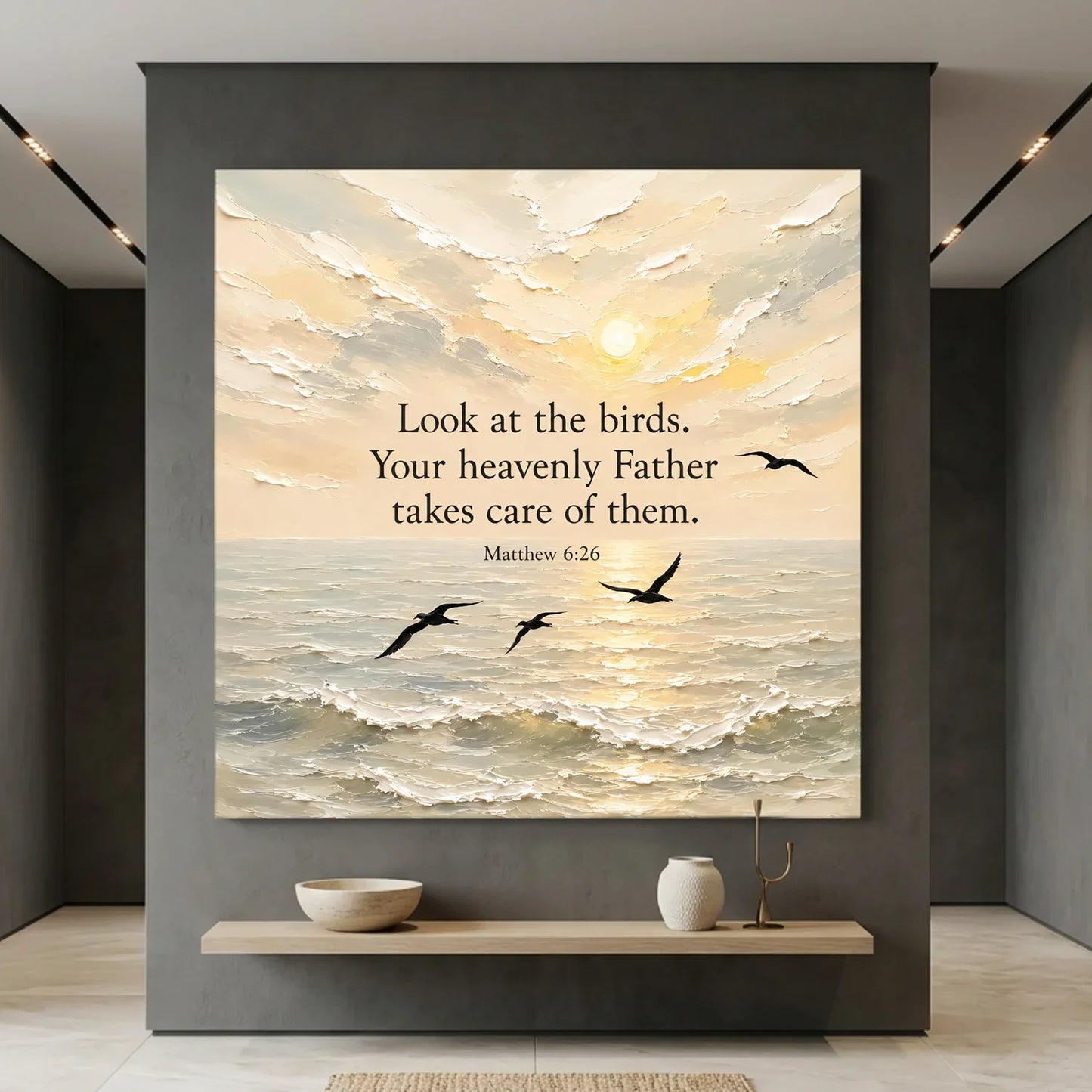 Framed artwork with a sunset over water and birds, featuring a motivational quote, in a modern interior setting. Look At The Birds Your Heavenly Father Takes Care Of Them - Matthew 6:26