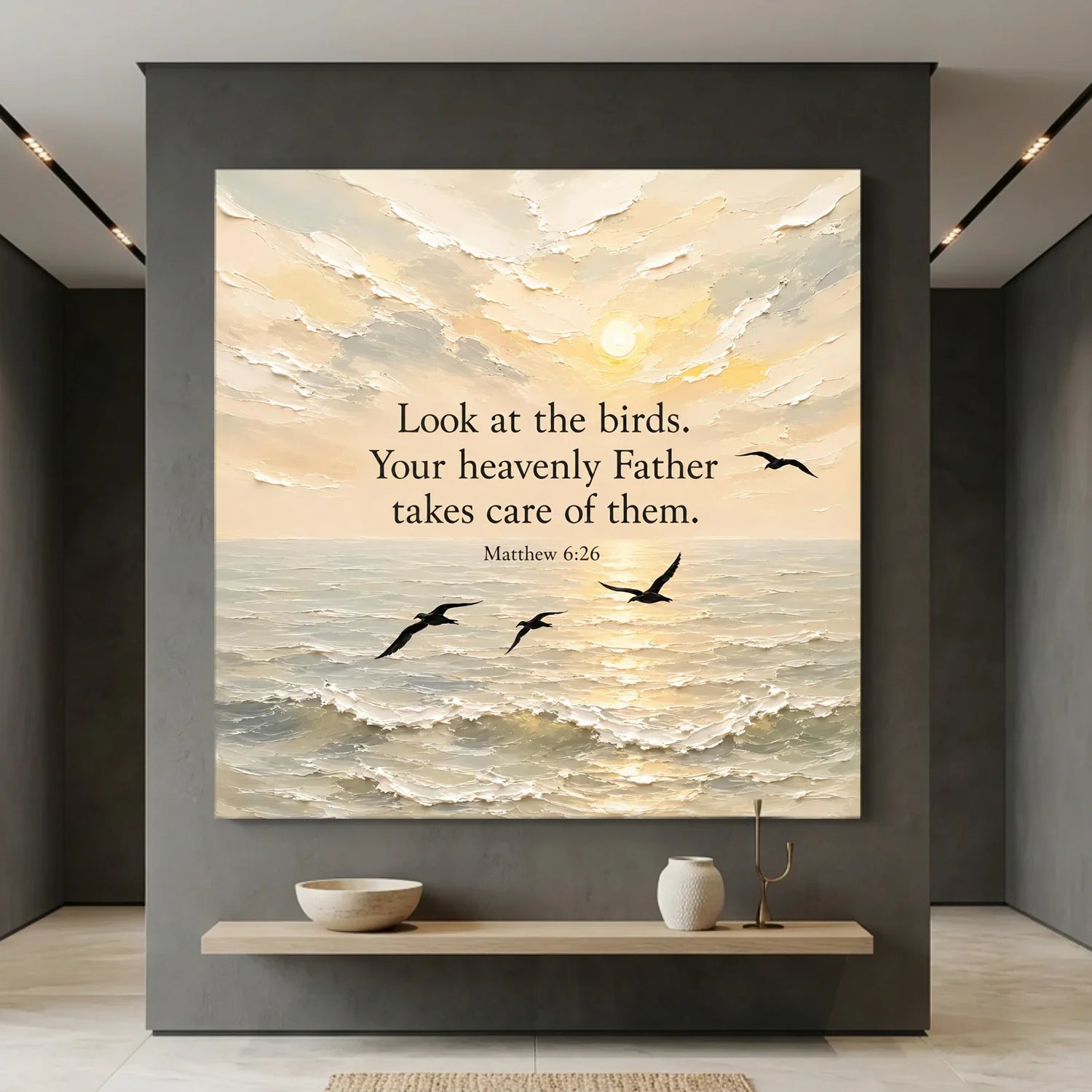 Framed artwork with a sunset over water and birds, featuring a motivational quote, in a modern interior setting. Look At The Birds Your Heavenly Father Takes Care Of Them - Matthew 6:26