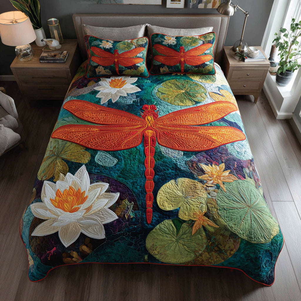 Lotus Dragonfly 3-Piece Quilted Bedding Set - Single (59" x 70")