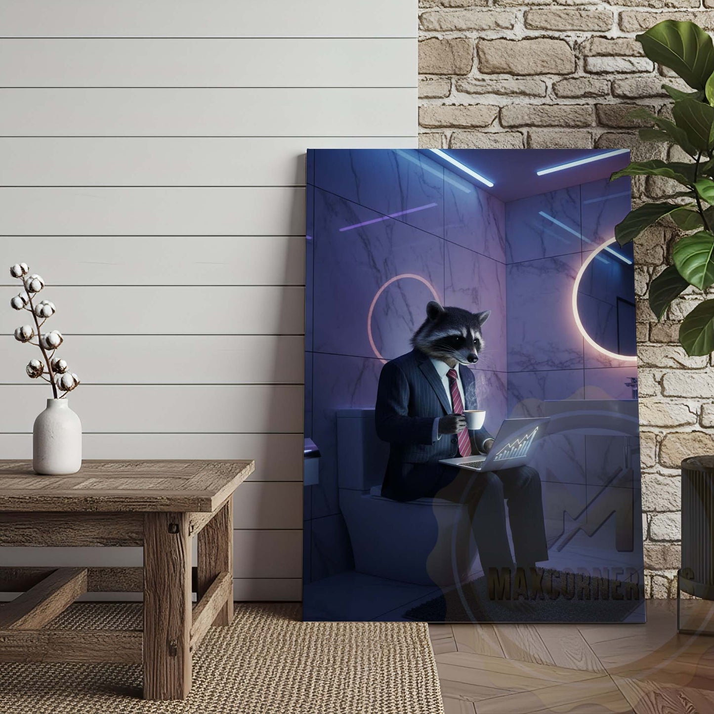 Raccoon Working on Laptop in Bathroom Wrapped Canvas
