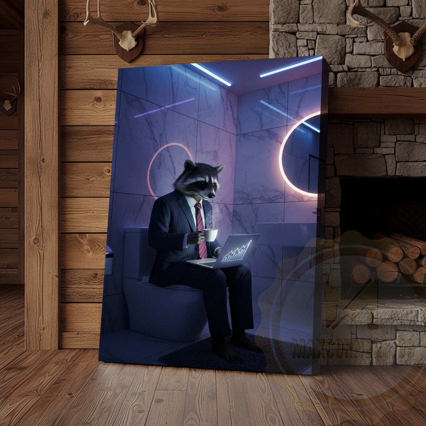 Raccoon Working on Laptop in Bathroom Wrapped Canvas