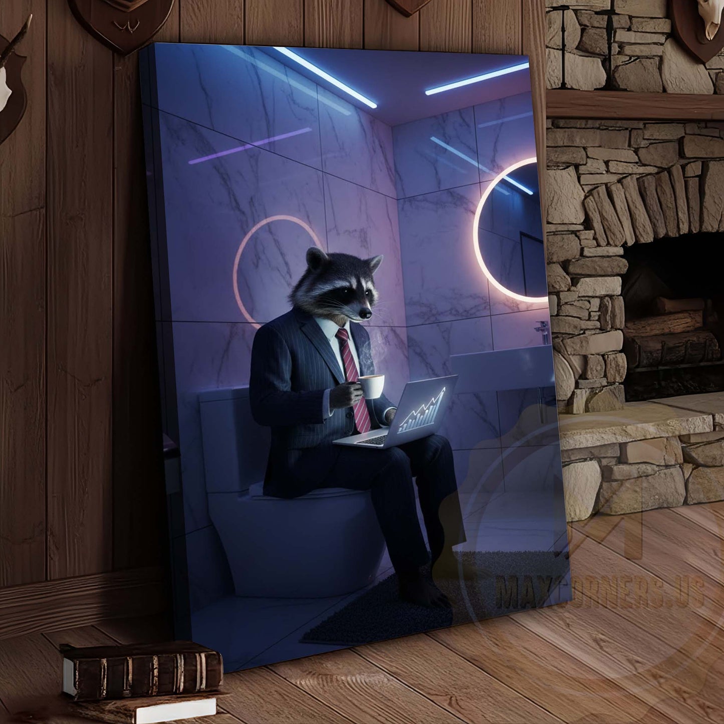 Raccoon Working on Laptop in Bathroom Wrapped Canvas