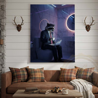 Raccoon Working on Laptop in Bathroom Wrapped Canvas