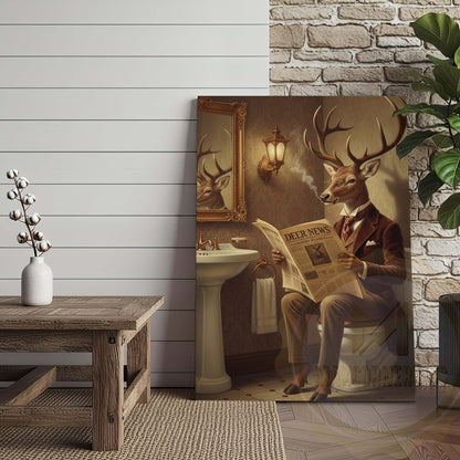Deer Reading Deer News in Bathroom Wrapped Canvas
