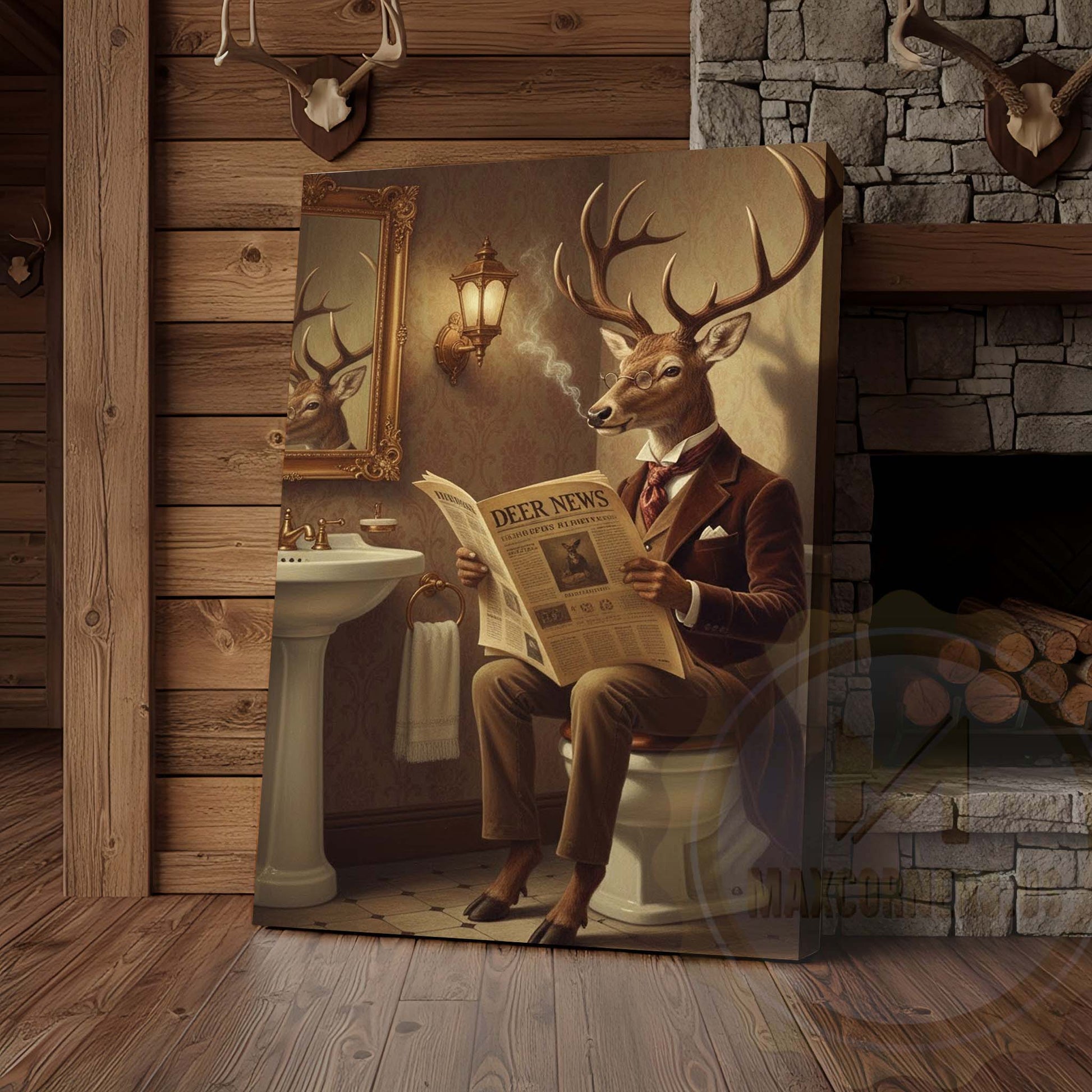 Deer Reading Deer News in Bathroom Wrapped Canvas