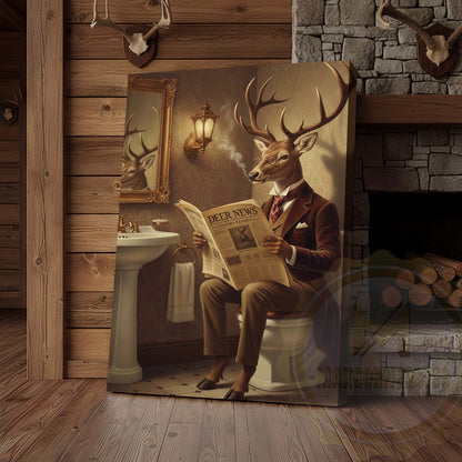 Deer Reading Deer News in Bathroom Wrapped Canvas