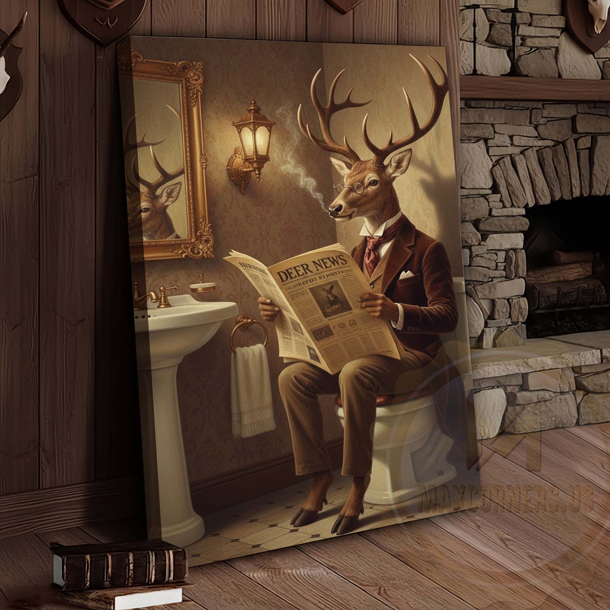 Deer Reading Deer News in Bathroom Wrapped Canvas