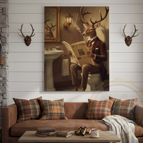 Deer Reading Deer News in Bathroom Wrapped Canvas