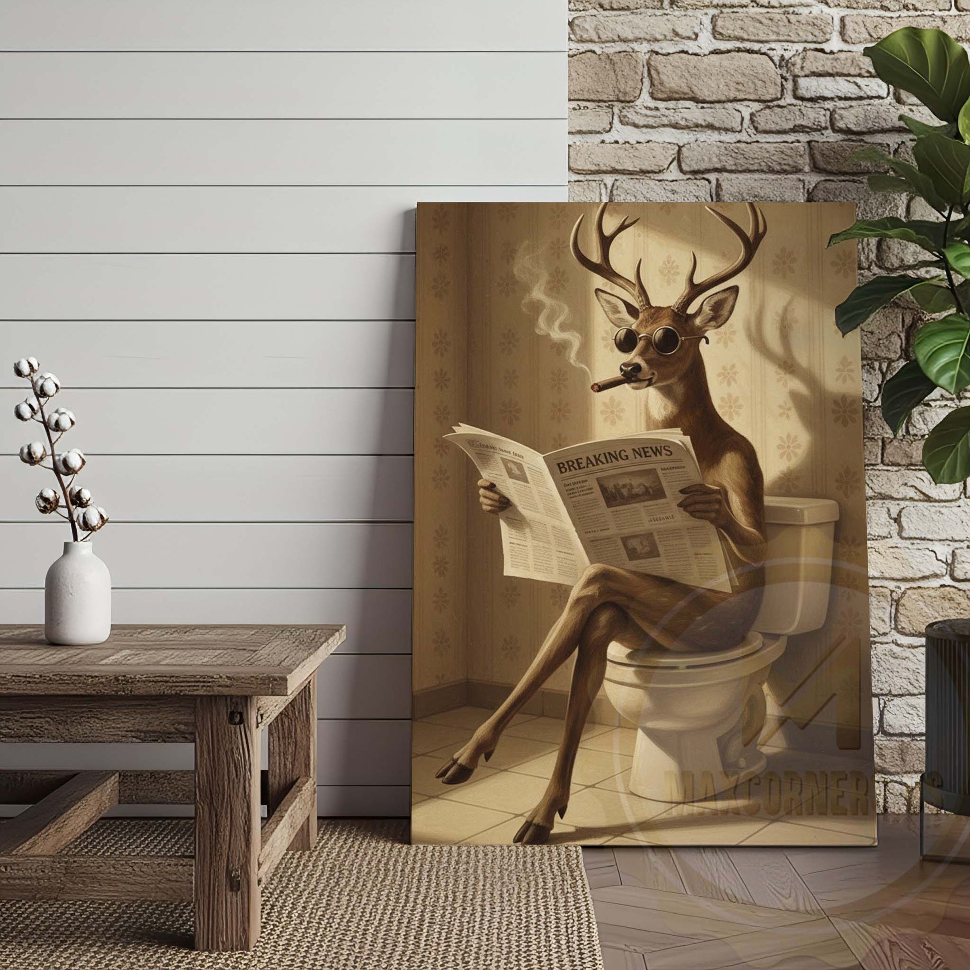 Deer Reading Breaking News Monochrome Style Wrapped Canvas