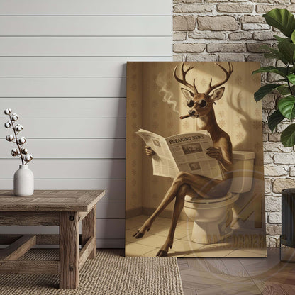 Deer Reading Breaking News Monochrome Style Wrapped Canvas