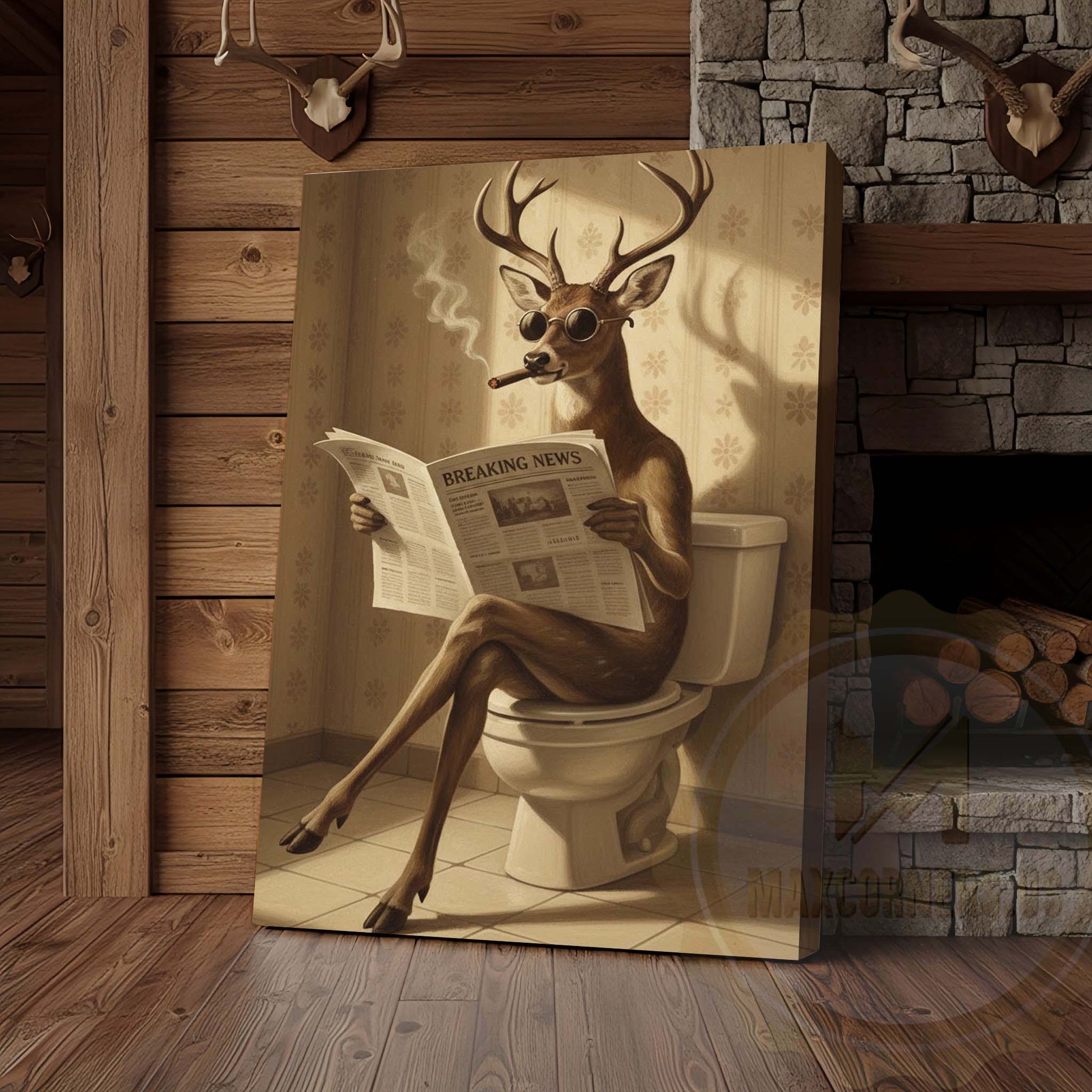 Deer Reading Breaking News Monochrome Style Wrapped Canvas