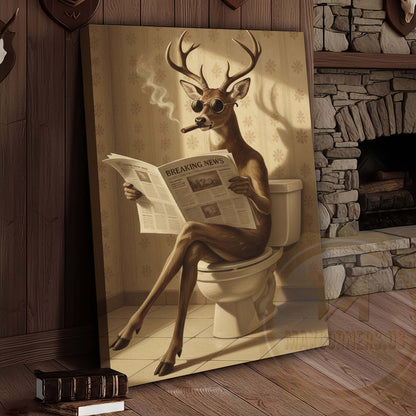 Deer Reading Breaking News Monochrome Style Wrapped Canvas