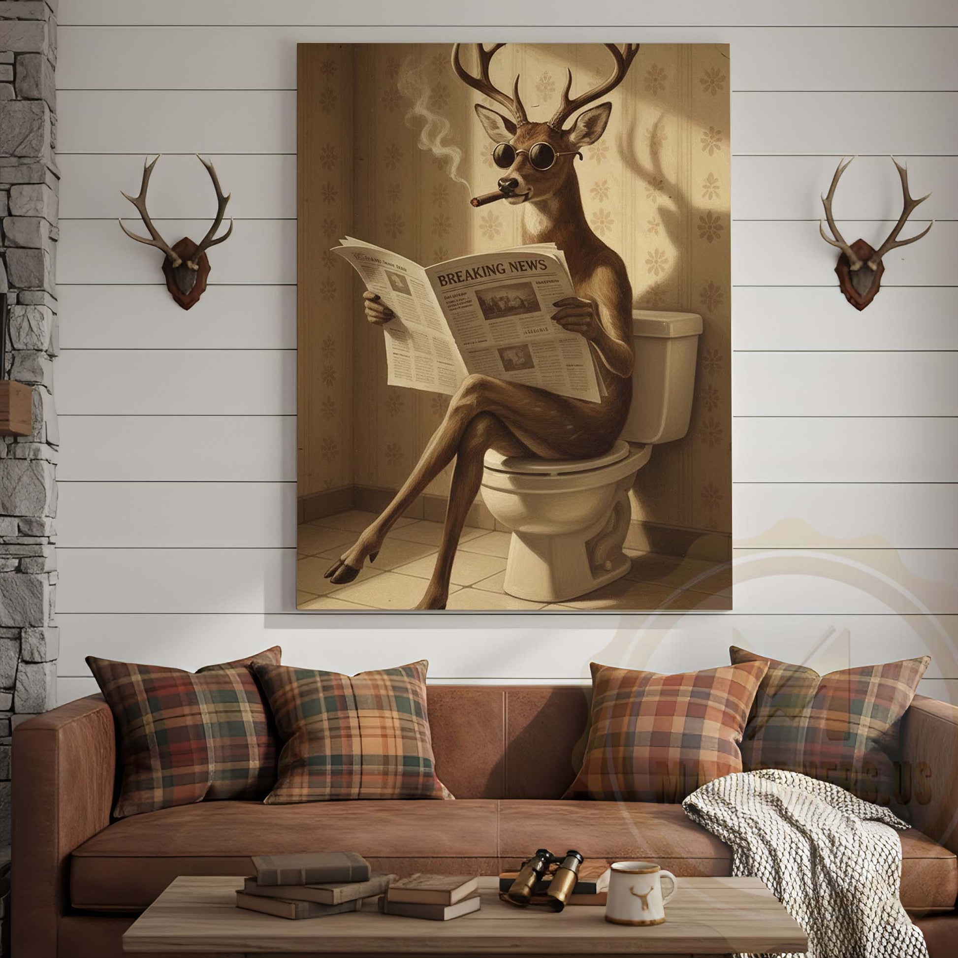 Deer Reading Breaking News Monochrome Style Wrapped Canvas