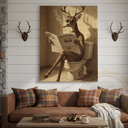 Deer Reading Breaking News Monochrome Style Wrapped Canvas