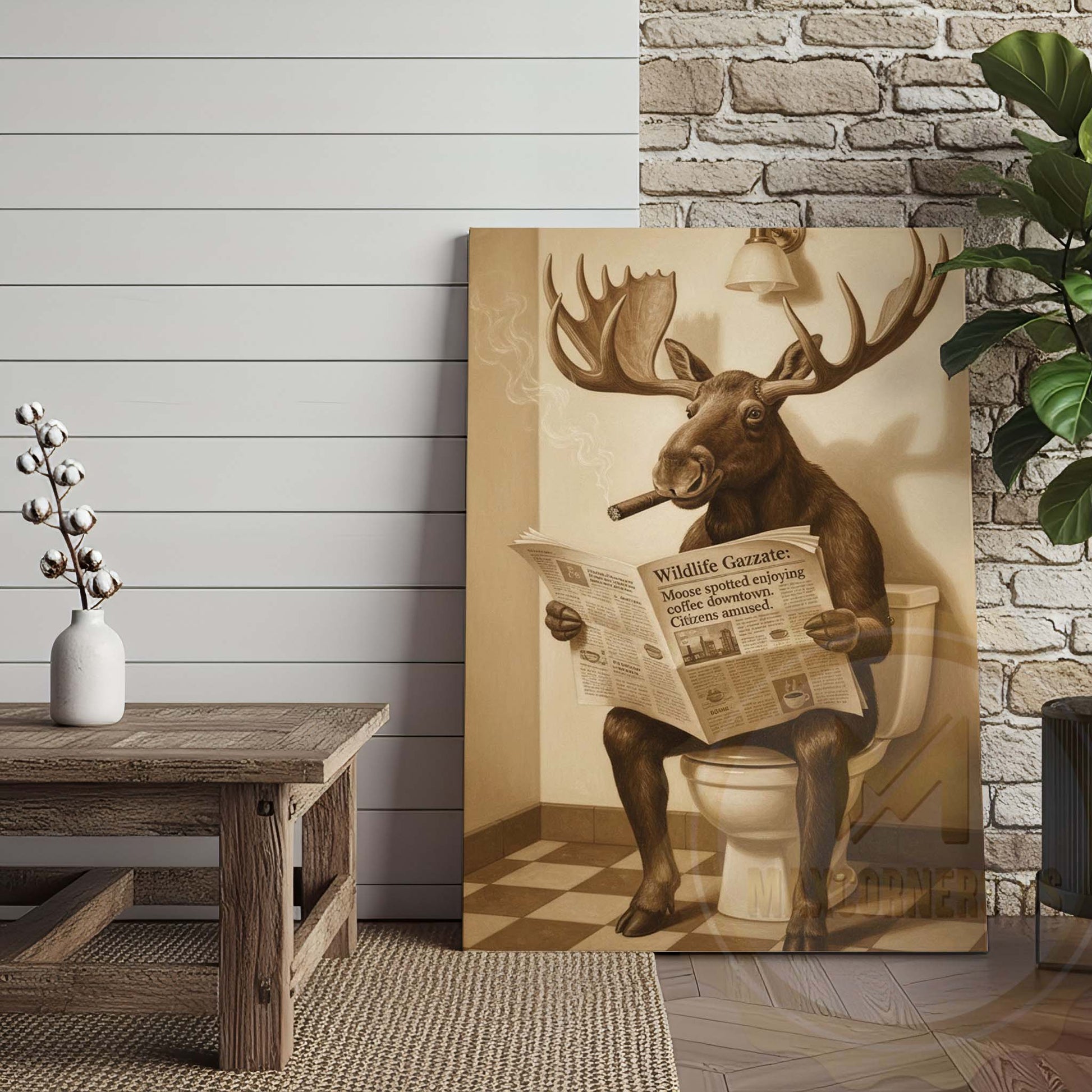 Moose Reading Wildlife Gazette in Bathroom Wrapped Canvas