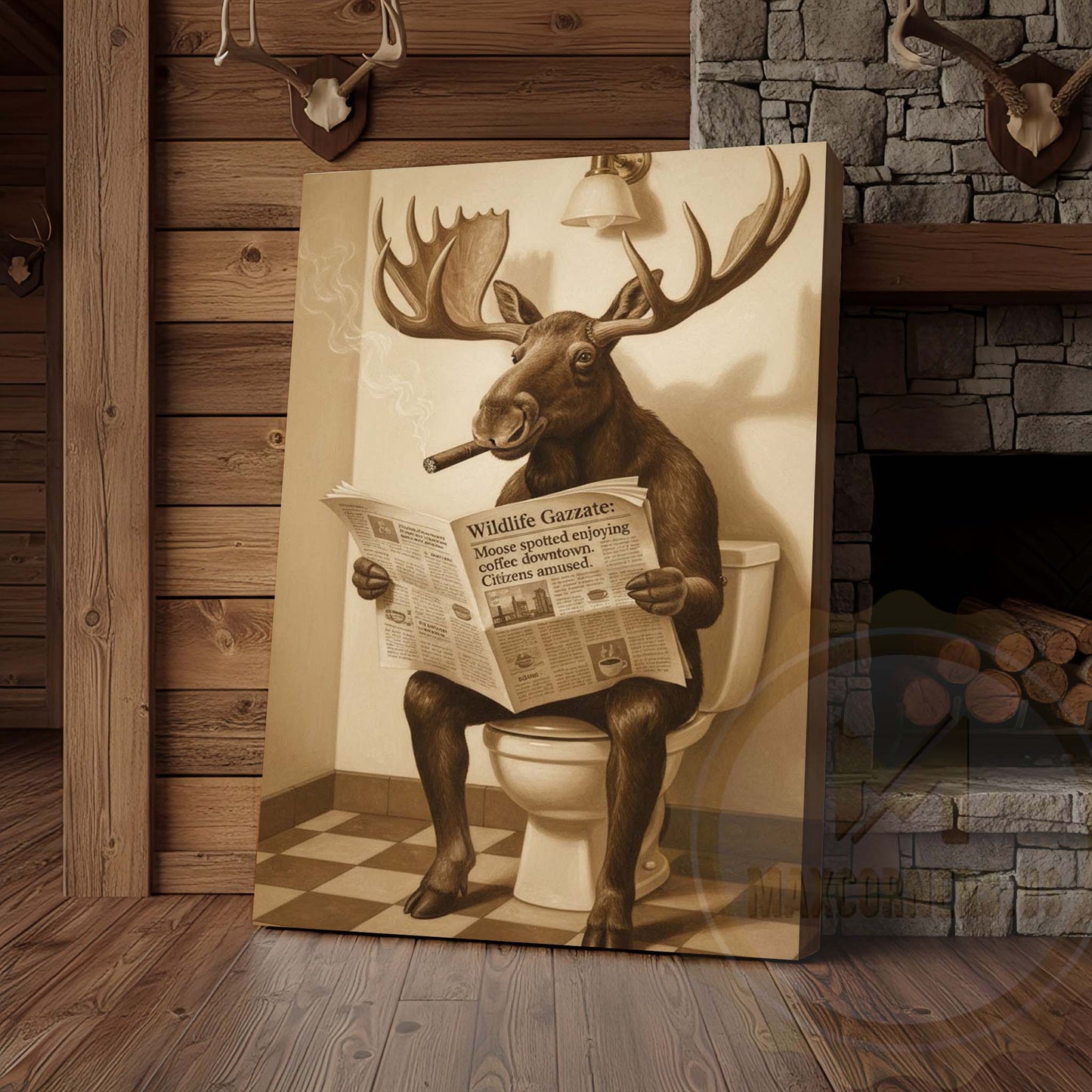 Moose Reading Wildlife Gazette in Bathroom Wrapped Canvas