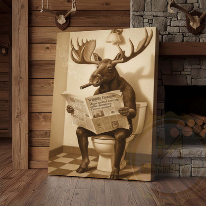 Moose Reading Wildlife Gazette in Bathroom Wrapped Canvas