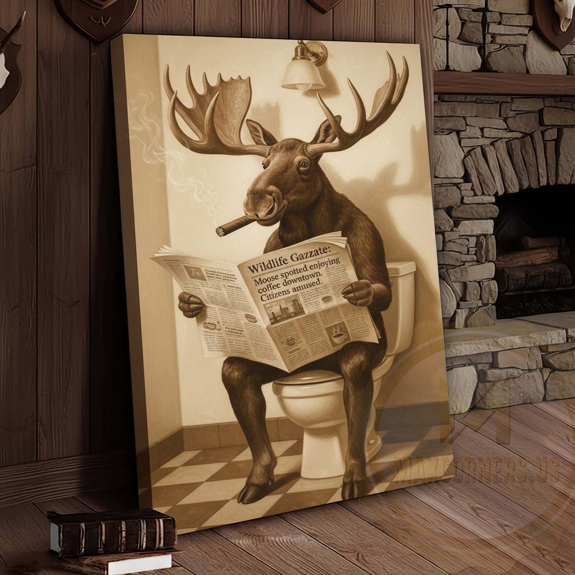 Moose Reading Wildlife Gazette in Bathroom Wrapped Canvas