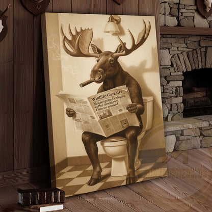 Moose Reading Wildlife Gazette in Bathroom Wrapped Canvas