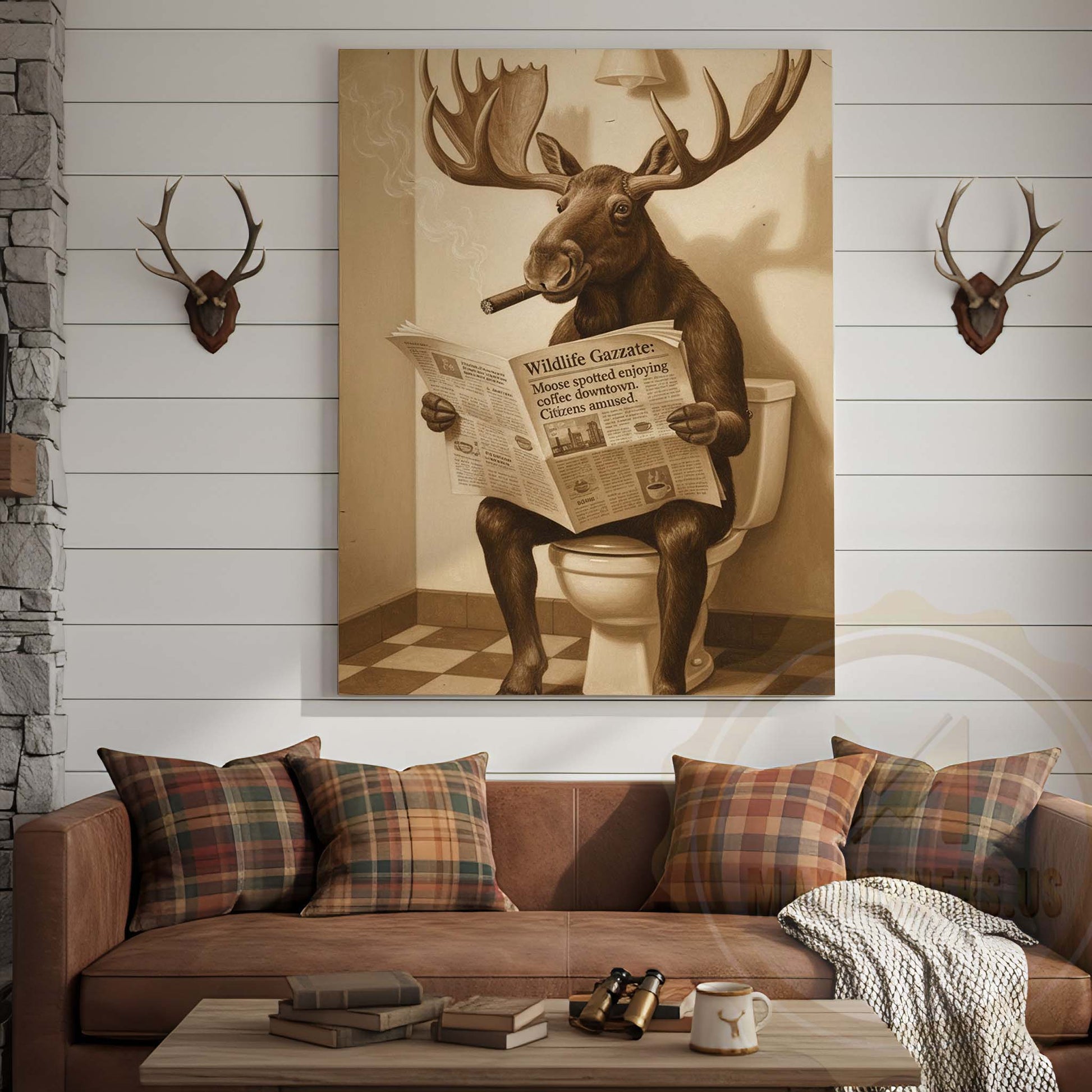 Moose Reading Wildlife Gazette in Bathroom Wrapped Canvas