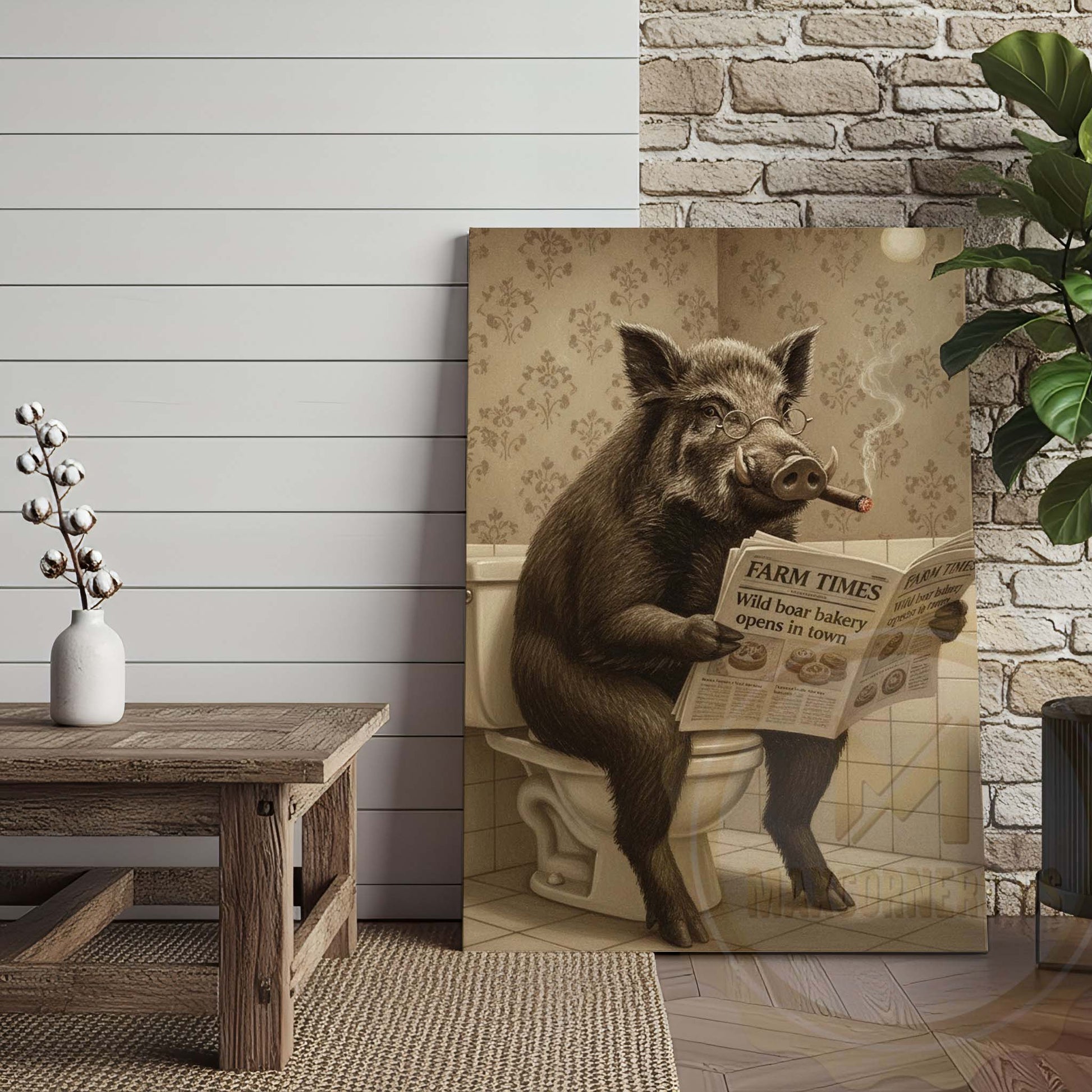 Boar Reading Farm Times Newspaper Wrapped Canvas
