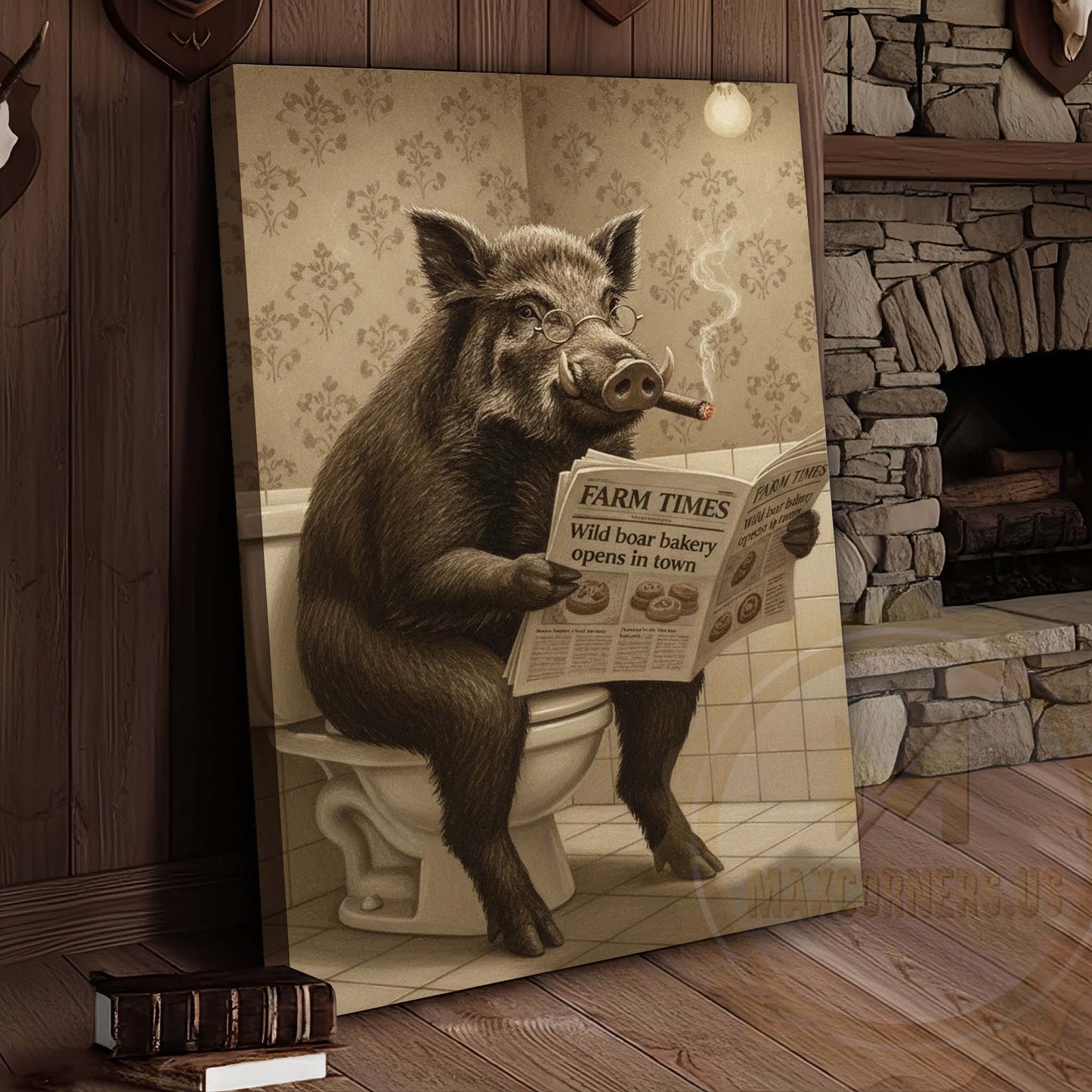 Boar Reading Farm Times Newspaper Wrapped Canvas