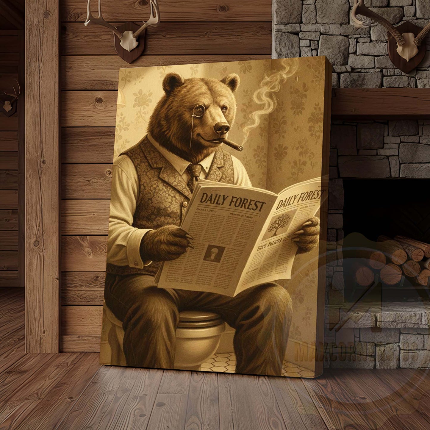 Bear Reading Daily Forest Newspaper Wrapped Canvas