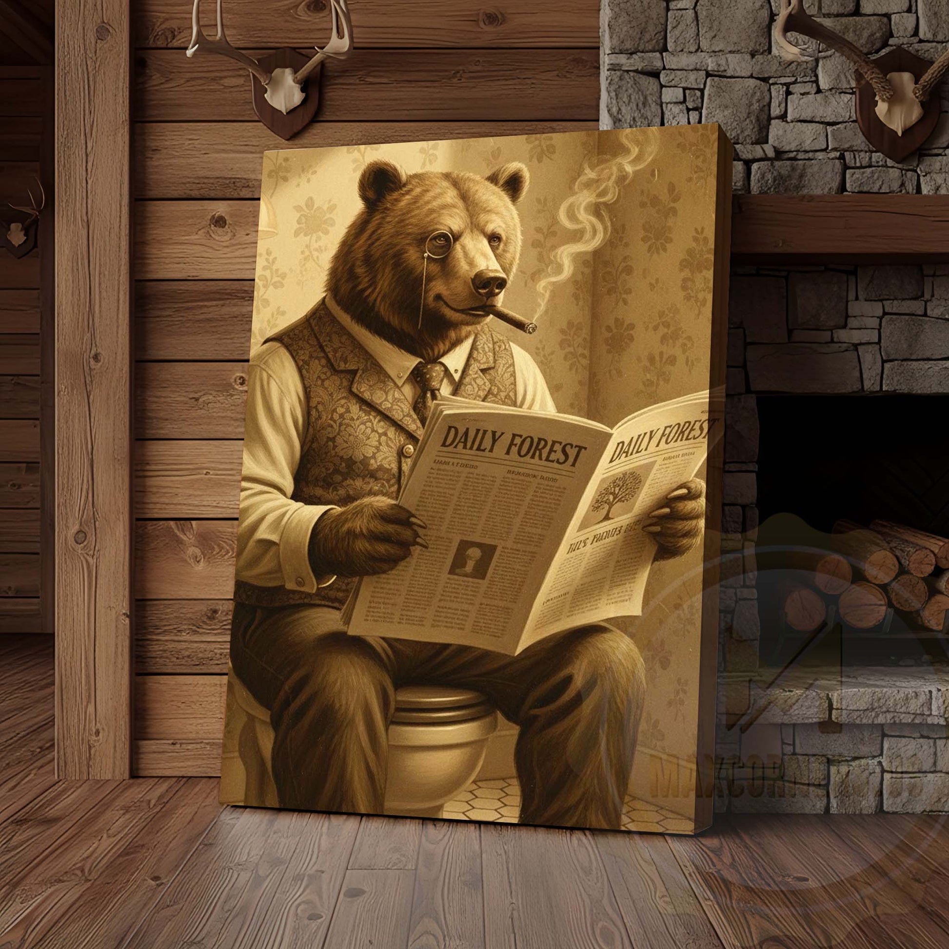 Bear Reading Daily Forest Newspaper Wrapped Canvas