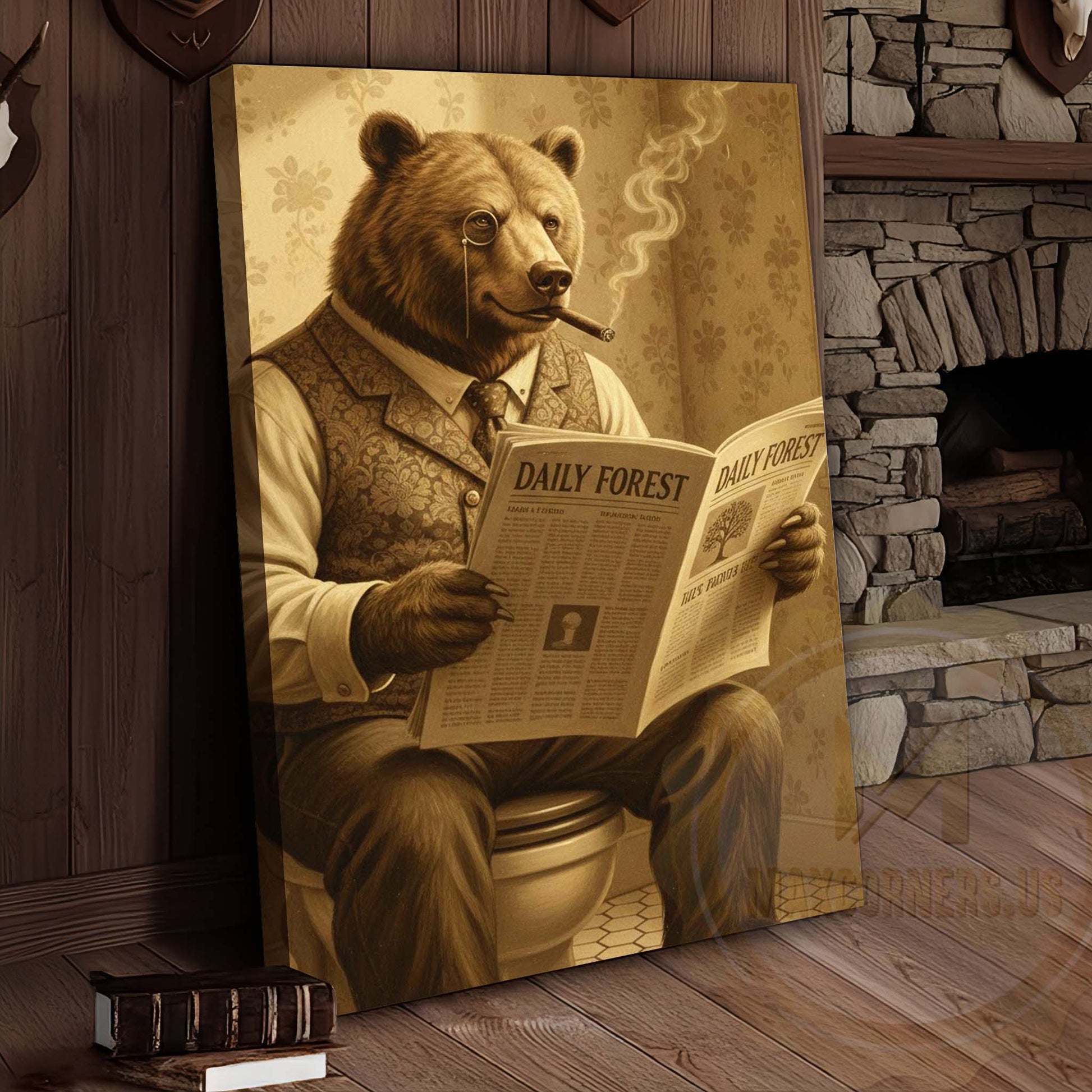 Bear Reading Daily Forest Newspaper Wrapped Canvas
