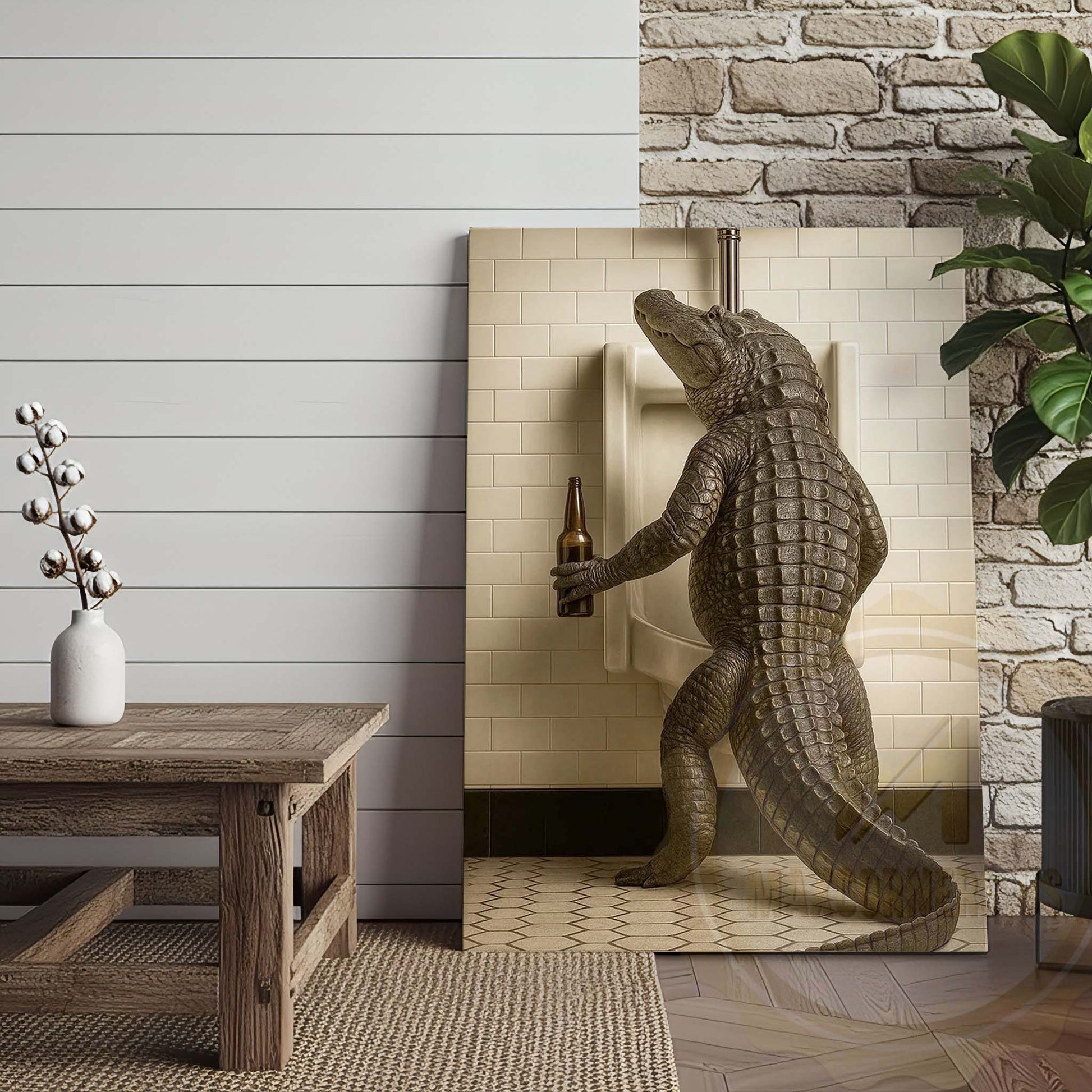 Alligator Holding Beer at Urinal Wrapped Canvas