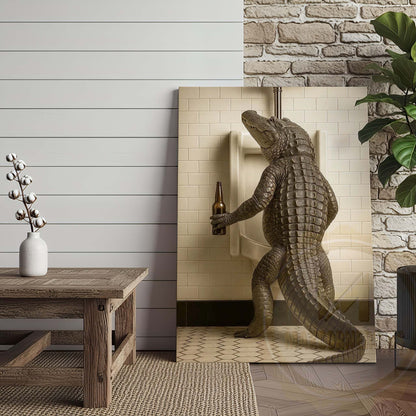Alligator Holding Beer at Urinal Wrapped Canvas
