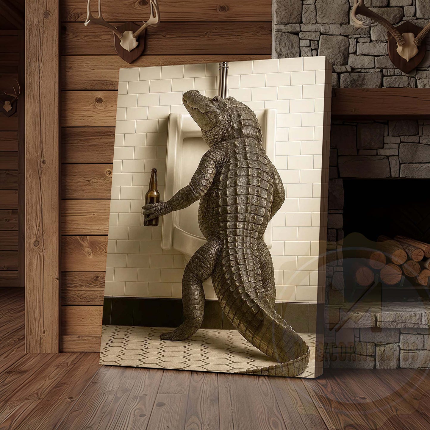 Alligator Holding Beer at Urinal Wrapped Canvas