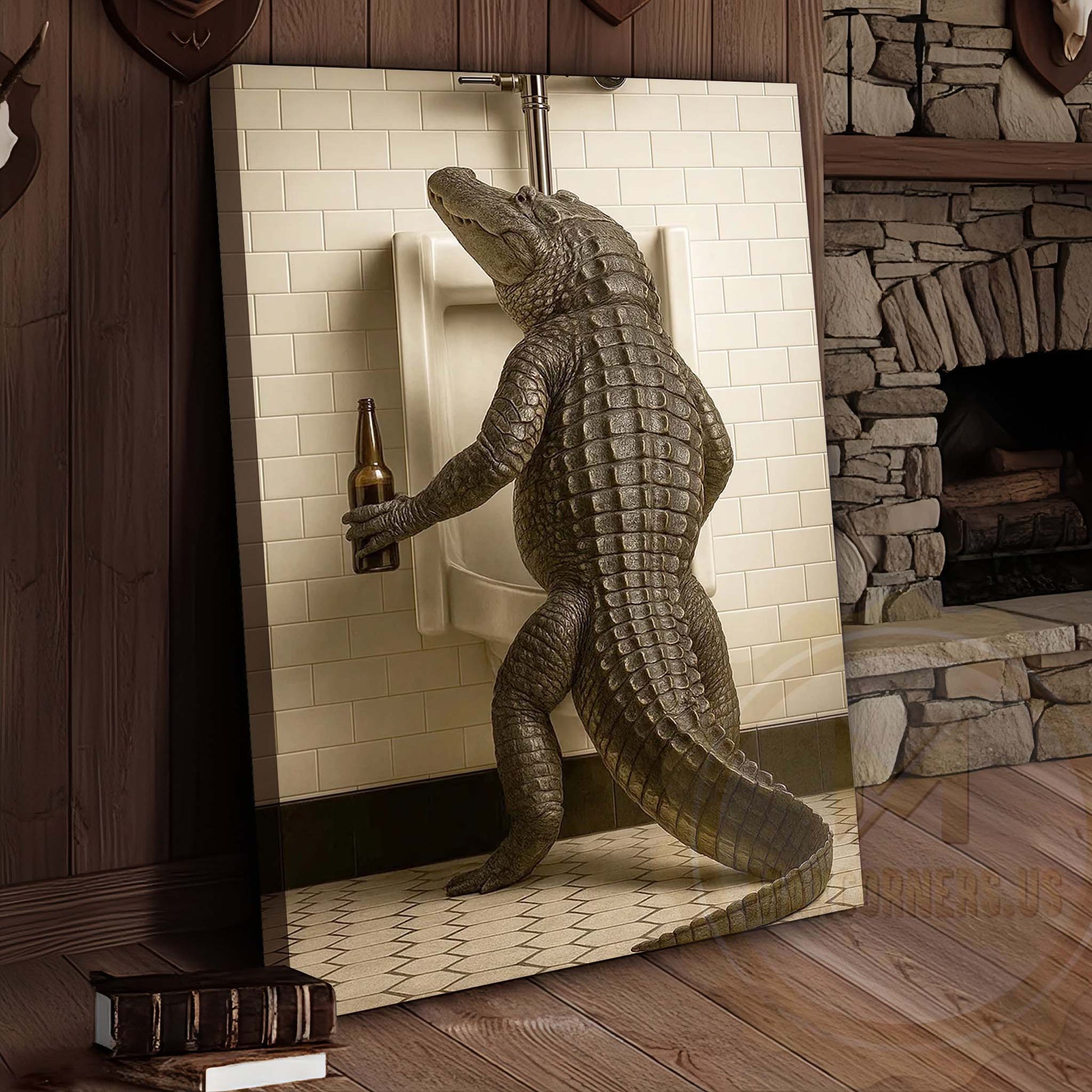 Alligator Holding Beer at Urinal Wrapped Canvas