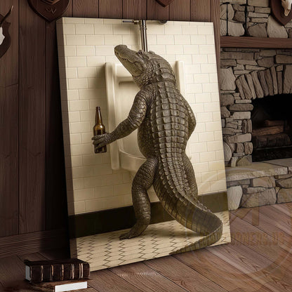 Alligator Holding Beer at Urinal Wrapped Canvas