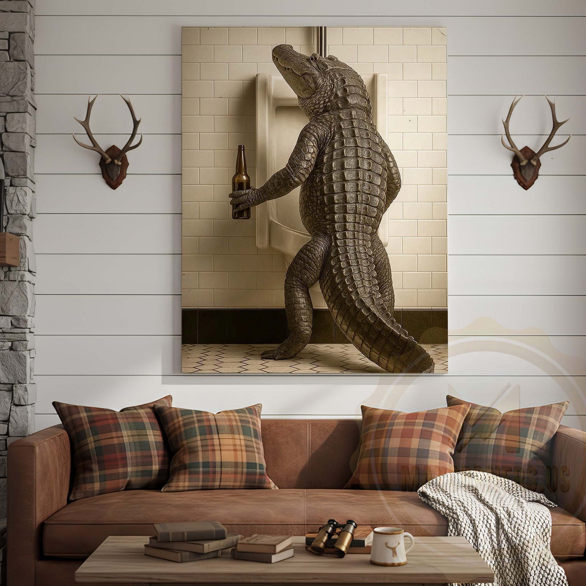 Alligator Holding Beer at Urinal Wrapped Canvas