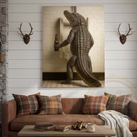 Alligator Holding Beer at Urinal Wrapped Canvas