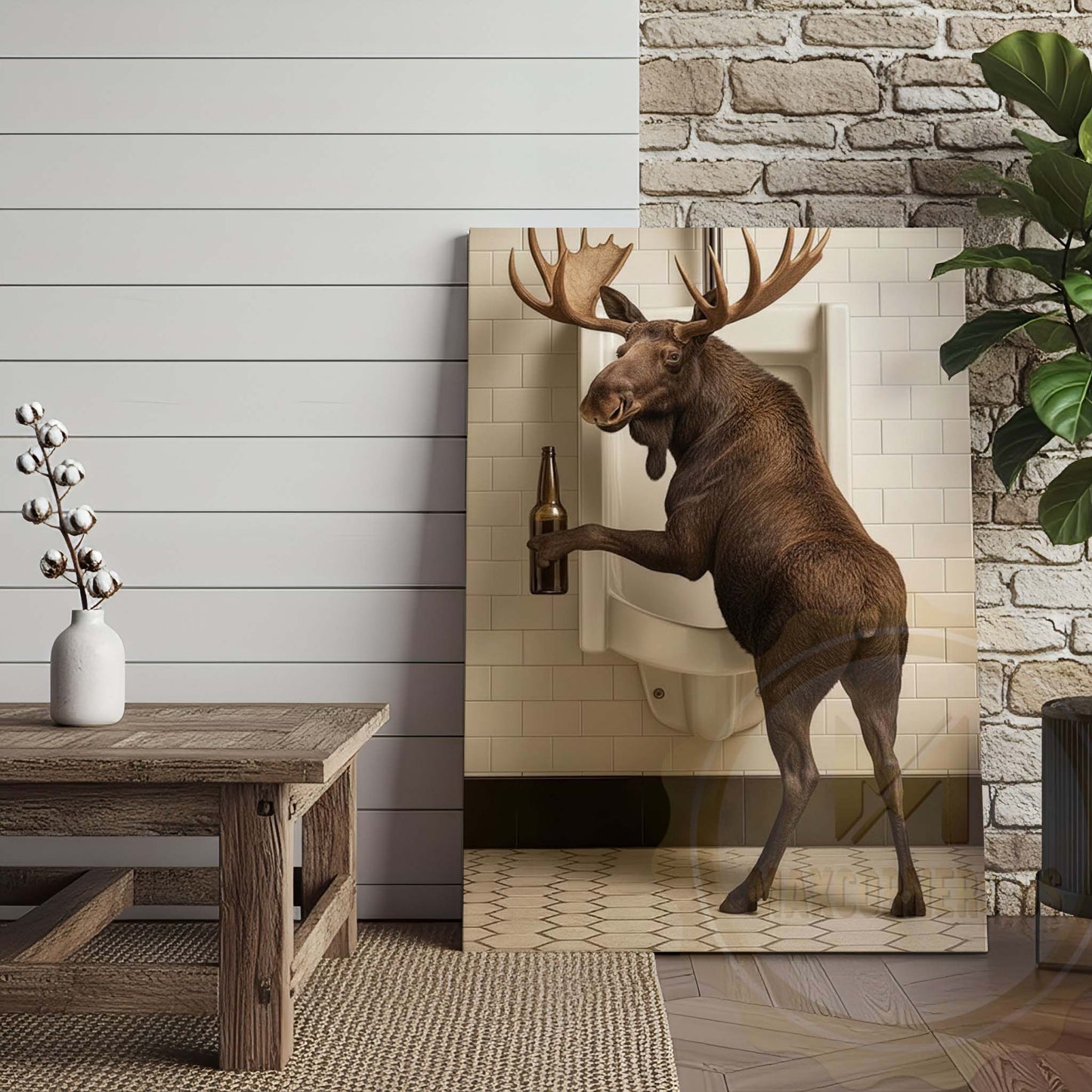 Moose Holding Beer at Urinal Wrapped Canvas Wall Art