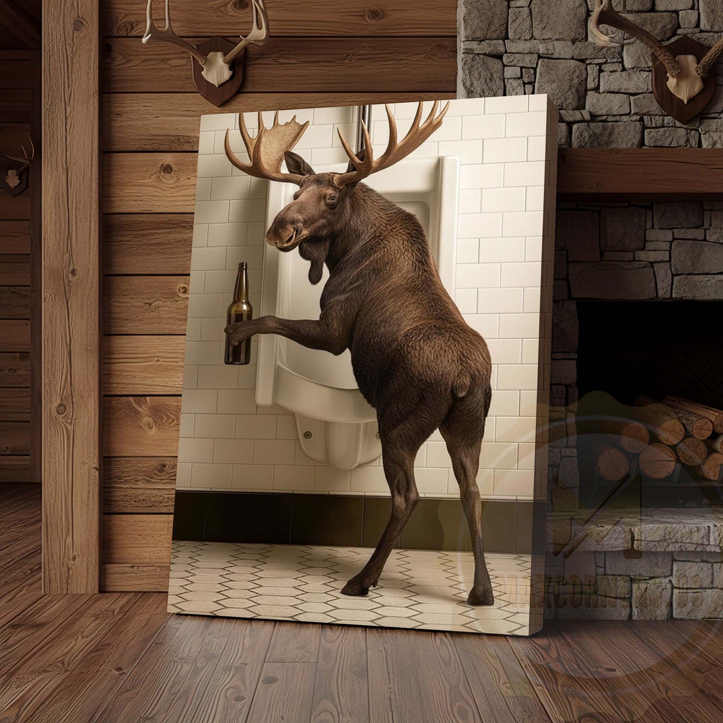 Moose Holding Beer at Urinal Wrapped Canvas Wall Art