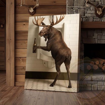 Moose Holding Beer at Urinal Wrapped Canvas Wall Art