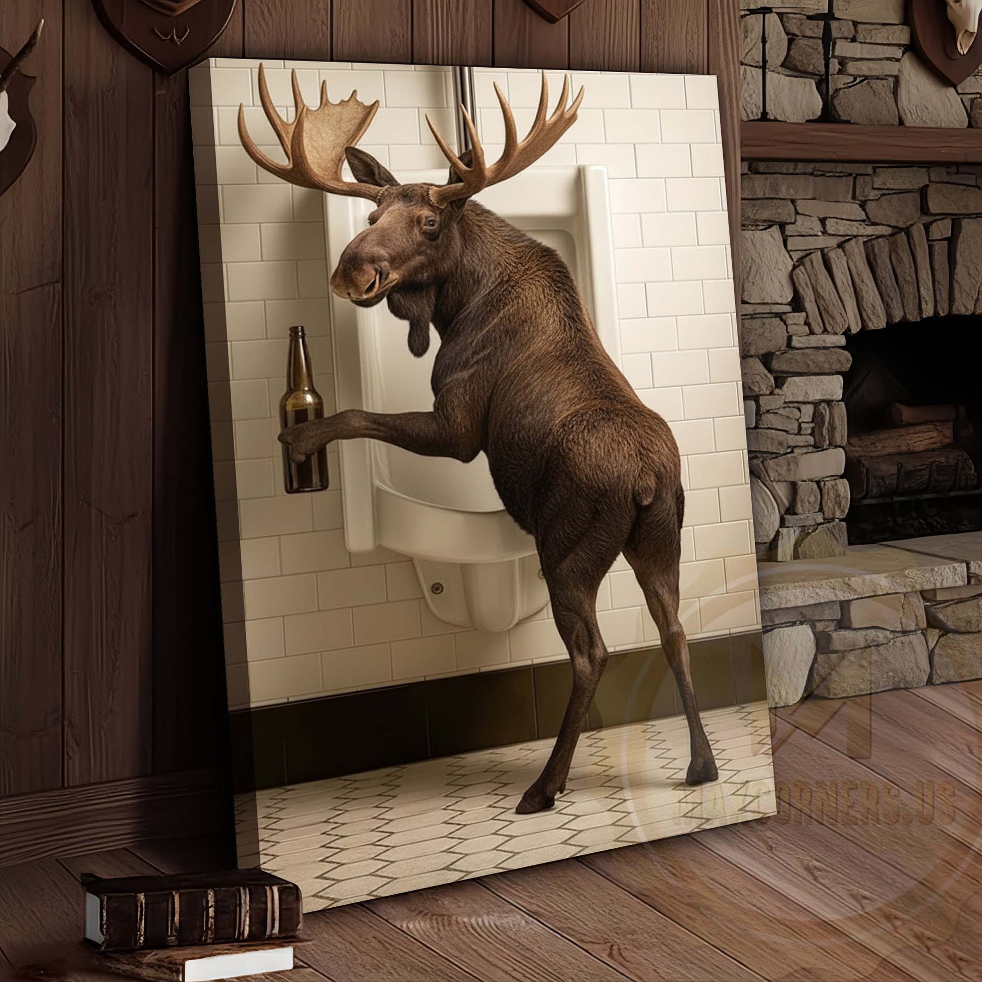 Moose Holding Beer at Urinal Wrapped Canvas Wall Art