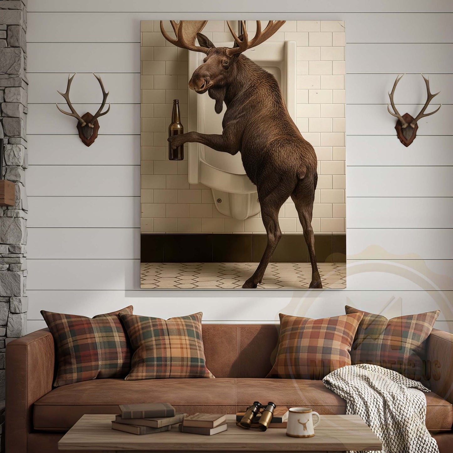Moose Holding Beer at Urinal Wrapped Canvas Wall Art