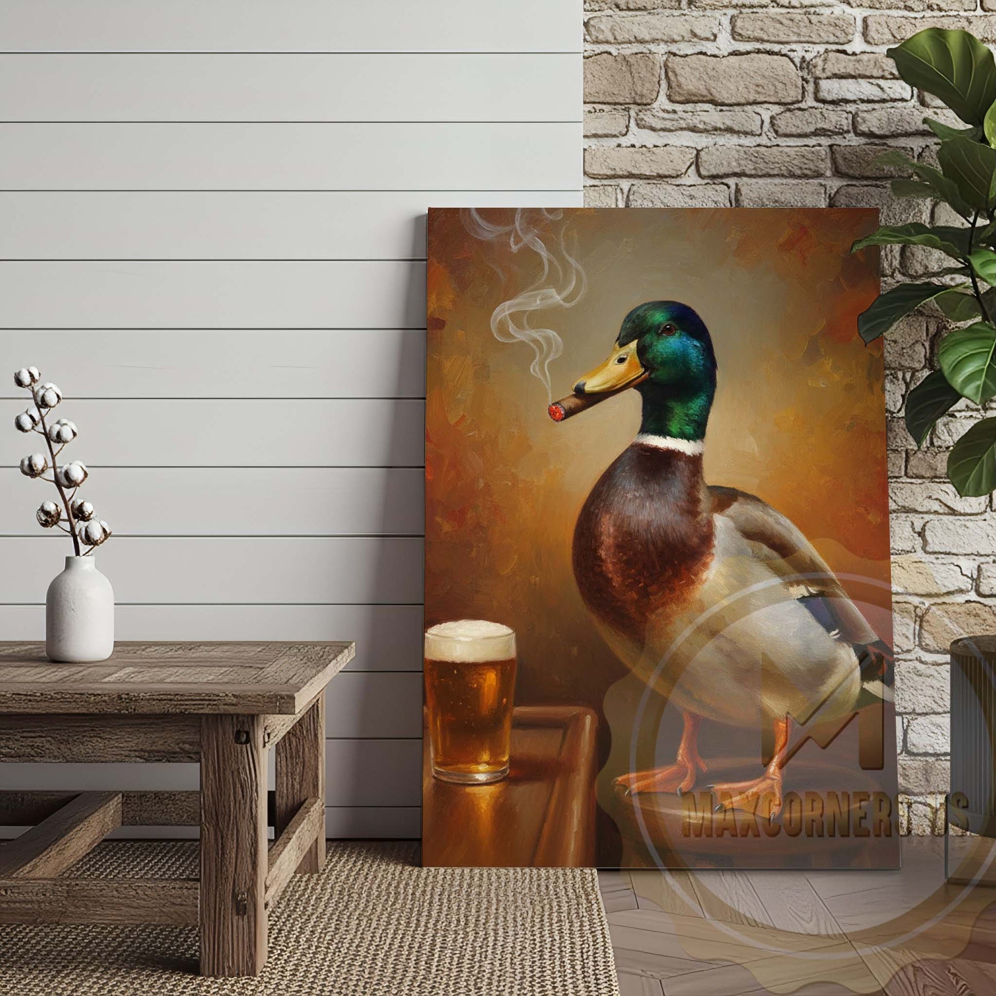 Duck with Beer Glass and Smoke Wrapped Canvas