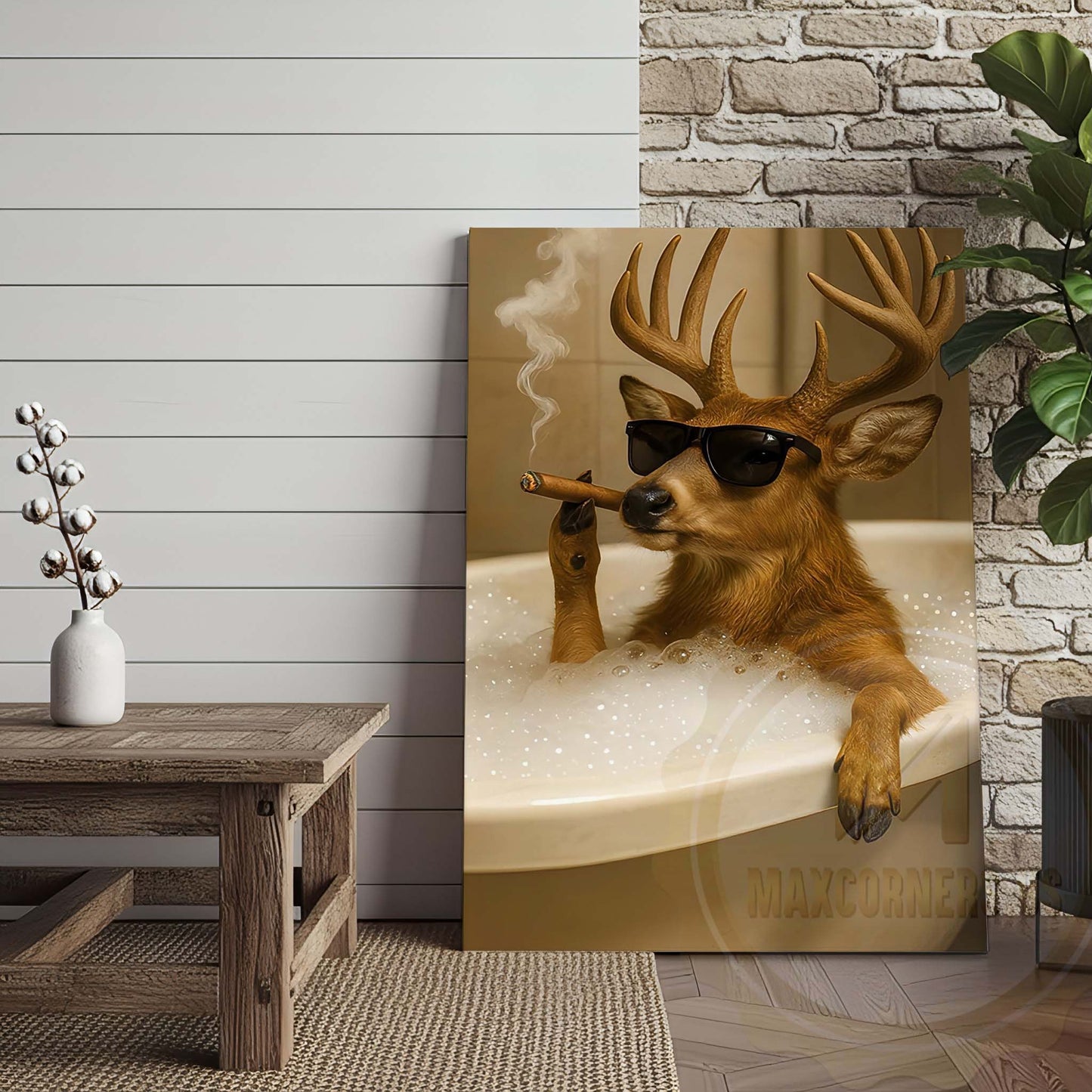 Deer Relaxing in Bathtub with Sunglasses Wrapped Canvas