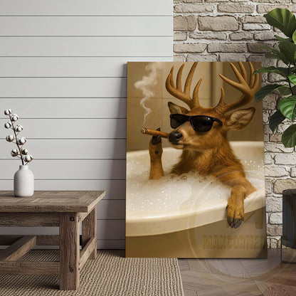 Deer Relaxing in Bathtub with Sunglasses Wrapped Canvas